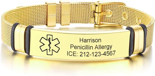 Miniatura 9 de Pulseras personalizadas de alerta médica para hombres, mujeres y niños, grabado gratuito, malla de acero inoxidable ajustable, pulsera