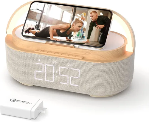 Reloj despertador con altavoz Bluetooth COLSUR con cargador inalámbrico, radio FM, luz nocturna LED ajustable, altavoz portátil para dormitorio 6 en