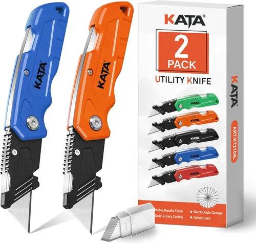 Miniatura 12 de KATA Cuchillos de corte de caja plegables: paquete de 4 cuchillos utilitarios resistentes para cajas de bolsillo – 20 hojas de afeitar adicionales
