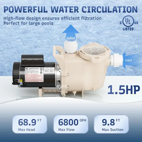 Miniatura 2 de Bomba de piscina enterrada 1HP, 6340 GPH Bomba de piscina autorecortable de alto caudal, 115V/230V, bajo ruido, potente bomba de piscina