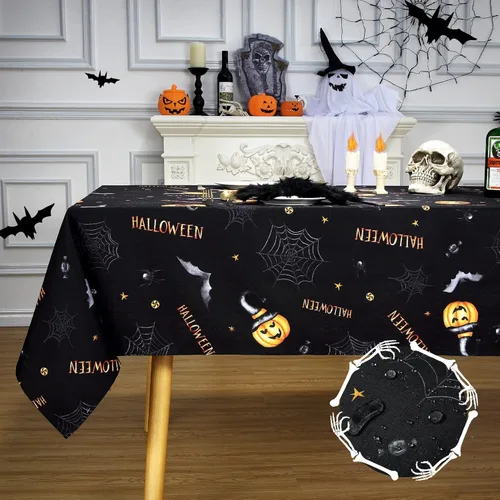 Miniatura 8 de CAROMIO Mantel de Halloween, tela de araña y calabaza, mantel impermeable de telaraña de murciélago y fantasma, decoración de mesa de Halloween