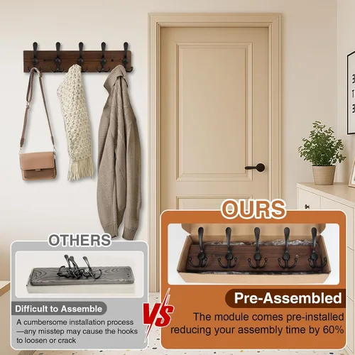 Miniatura 3 de Perchero de madera resistente para pared, paquete de 2 perchas de pared con 5 ganchos triples para ropa, chaqueta, sombrero, llaves, organizador
