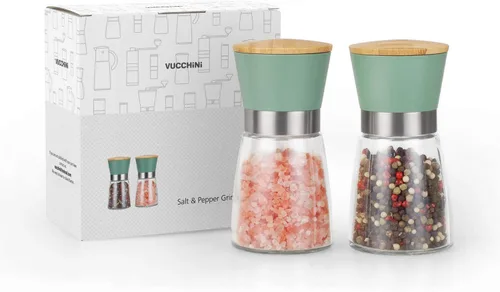 Miniatura 9 de VUCCHINI Juego de molinillo de sal y pimienta con tapa de bambú, molinos de sal y pimienta gruesos ajustables, rebabas de cerámica rellenables