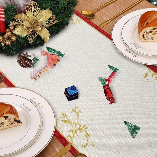 Miniatura 5 de Bonhause Camino de mesa de reno de Navidad de 13 x 72 pulgadas, trineo de Papá Noel, rojo, dorado, temporada de invierno, vacaciones, cocina