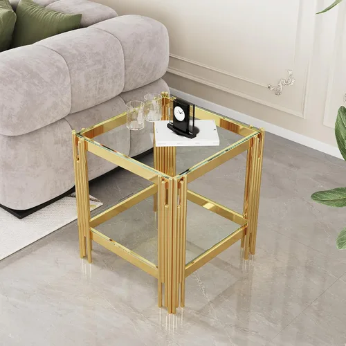 Miniatura 216 de Mesa de centro de cristal de lujo, mesa de centro de sofá de 47 pulgadas con marco de acero inoxidable dorado y parte superior de vidrio negro, mesa