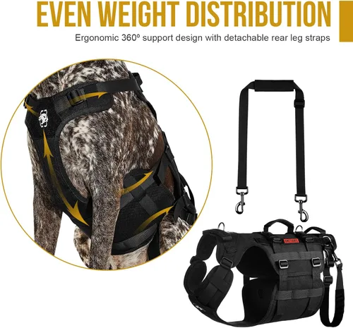 Miniatura 2 de OneTigris Arnés de elevación para perros grandes, soporte de cadera para perros, elevador de cuerpo completo con asas Invictus Chaleco Negro
