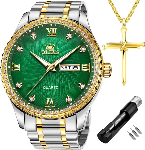 Miniatura 59 de OLEVS - Relojes de diamantes para hombres, relojes de vestir a prueba de agua, relojes analógicos de cuarzo de lujo con calendario de fecha y correa