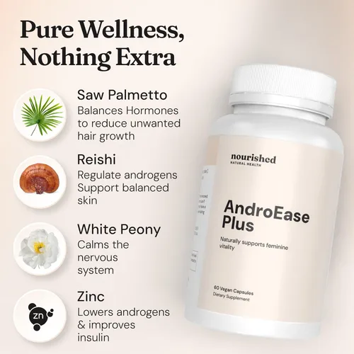 Miniatura 5 de Nourished AndroEase Plus – Balance hormonal vegano para mujeres – Zinc, Reishi, té verde y palma enana americana para mujeres – para energía
