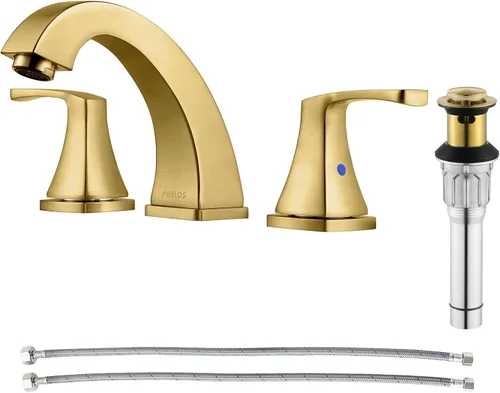 PARLOS Grifo de baño generalizado de 2 manijas con drenaje emergente de metal y líneas de suministro de grifo cUPC, oro cepillado, Doris 1417208