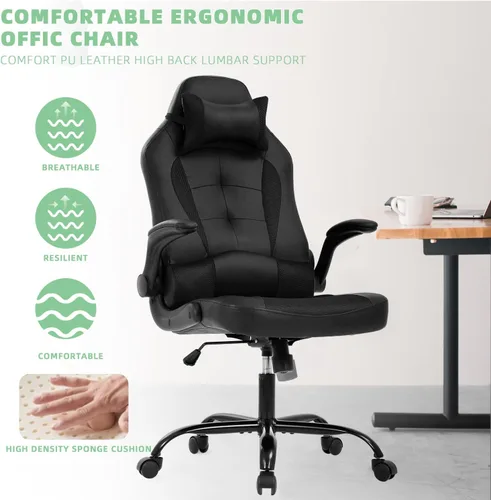 Miniatura 6 de Silla ergonómica para juegos con reposacabezas ajustable y soporte lumbar, cómoda silla de oficina de piel sintética con respaldo alto para adultos