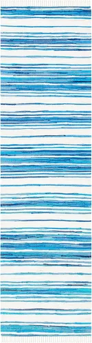 Miniatura 3 de SAFAVIEH Rag Rug Collection - Alfombra de pasillo de 2 pies 3 pulgadas x 7 pies, color marfil y azul, hecha a mano, de algodón a rayas, ideal