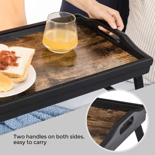 Miniatura 5 de SONGMICS Mesa de cama con patas plegables de bambú, bandeja de desayuno para sofá, bandeja de servir con ranura para tableta de teléfono, marrón