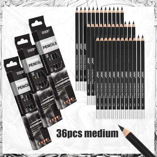 Miniatura 2 de Geyoga 36 piezas de lápices de carbón profesionales suaves, medianos y duros para dibujo, lápices de carbón para bocetos, sombreado, dibujo, mezcla
