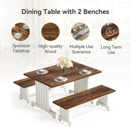 Miniatura 5 de LITTLE TREE Juego de mesa de comedor para 4 personas con 2 bancos, mesa de cocina moderna con tablero de MDF, comedor que ahorra espacio