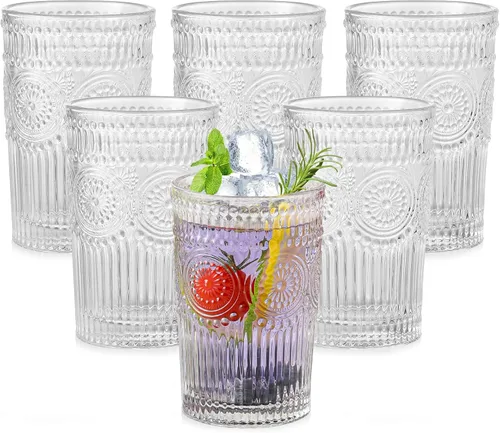 ZMOWIPDL Juego de 6 vasos de vidrio vintage para beber, vasos de agua de vidrio con textura transparente con diseño de flores, vasos de agua a rayas