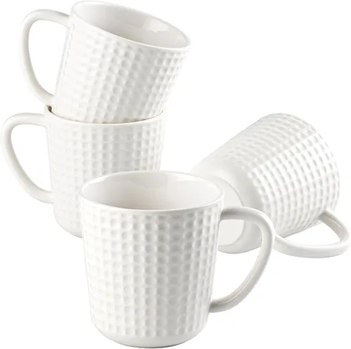 Juego de 4 tazas de café de cerámica de 14 onzas, tazas de café con textura de cuadrícula en relieve, taza de café minimalista moderna para café con