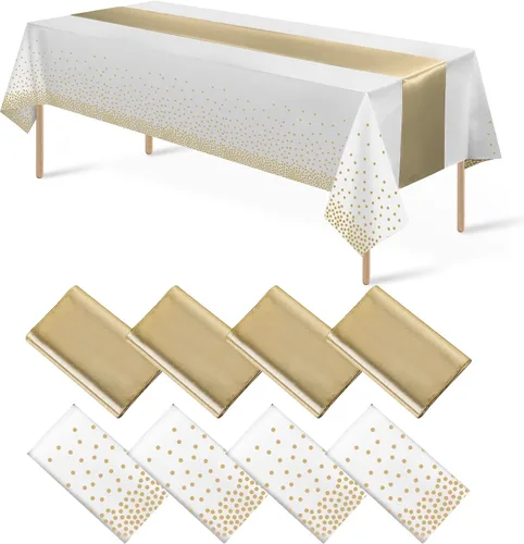 Miniatura 27 de 8 paquetes de manteles de plástico desechables y juego de camino de mesa de satén negro con dorado, mantel de satén dorado para graduación, boda