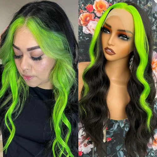 Miniatura 19 de Missyvan - Pelucas de encaje frontal verde para mujeres, ondas corporales, con detalles en negro y verde, tiras de rayas de zorrillo, sin pegamento