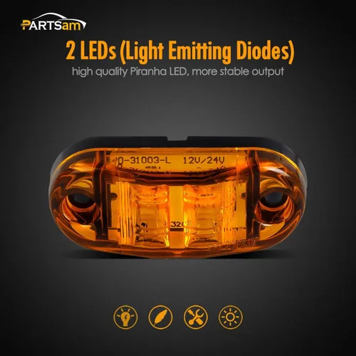 Miniatura 2 de Partsam 4 piezas de 2.5 pulgadas de lente ámbar ovalada, 2 diodos LED para luz lateral de gálibo de camión y remolque