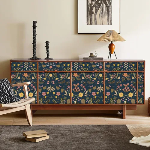 Miniatura 3 de Simon&Siff Papel Tapiz Floral Despegar y Pegar Azul Marino Bohemio Papel de Pared 60" x 17.3" Azul Oscuro Flores Florecientes Flores Silvestres