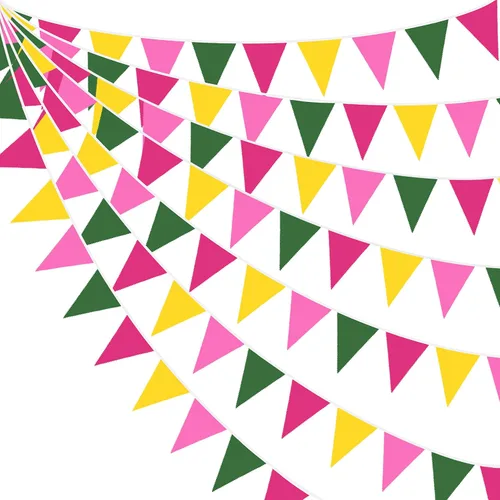 Bandera triangular de 32 pies, color rosa intenso, verde, amarillo, banderín, guirnalda para flamenco, aloha tropical, luna, selva, hawaiana,