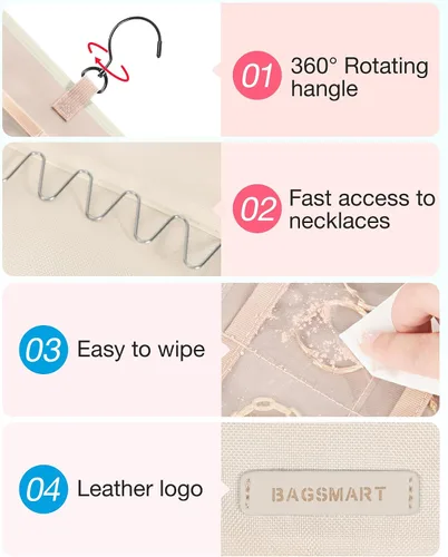 Miniatura 4 de Organizador de joyas colgante BAGSMART con rollo de almacenamiento y ganchos metálicos, soporte doble para aretes, collares, anillos en el armario