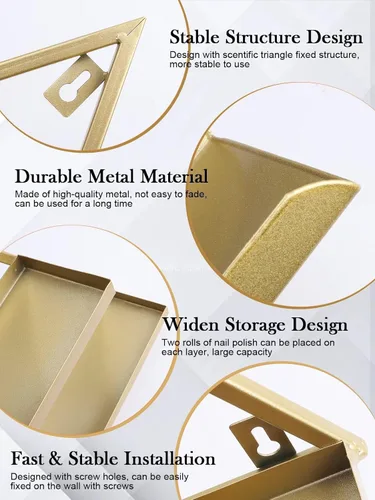 Miniatura 4 de Lorvain - 10 estantes de almacenamiento de esmalte de uñas de metal para montaje en pared, 5 niveles, color dorado, triangular, vitrinas