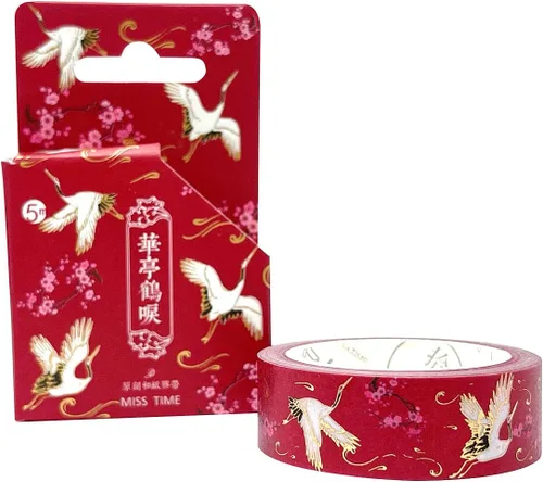 Miniatura 4 de allydrew Cinta adhesiva Washi de lámina dorada poética, 0.591 in x 16.4 ft, grúas en rojo