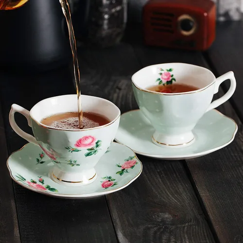 Miniatura 8 de BTAT - Juego de 8 tazas de té y platillos florales (8 onzas), juegos de tazas de té de porcelana, colores surtidos con ribete dorado y caja