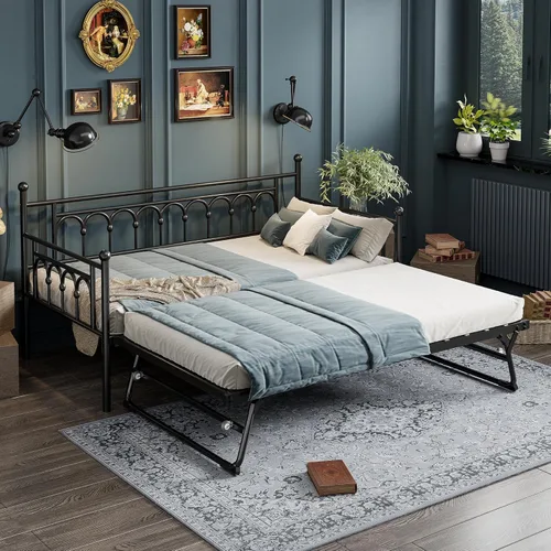 Sofá cama individual con nido y bolsa de almacenamiento, sofá cama de metal con nido desplegable, cama de día con soporte de listones de acero, sofá
