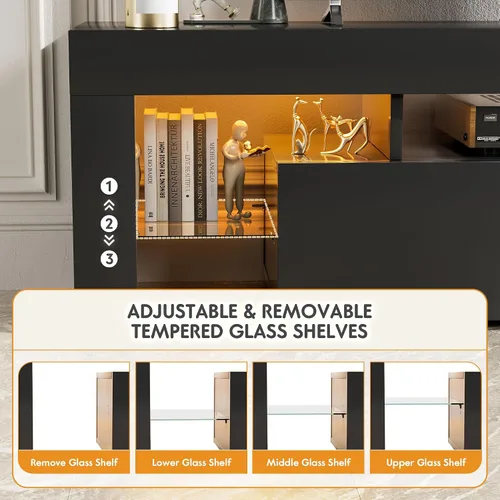 Miniatura 6 de YESHOMY Soporte de TV LED moderno negro para televisores de hasta 70 pulgadas con estantes de vidrio y cajón, centro de entretenimiento