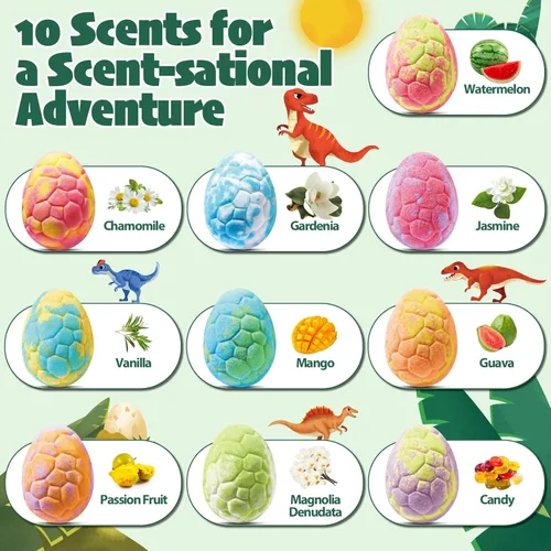 Miniatura 5 de Bombas de baño de dinosaurio para niños con sorpresa en el interior, paquete de 10 huevos de dinosaurio naturales con juguetes exclusivos de Paquete