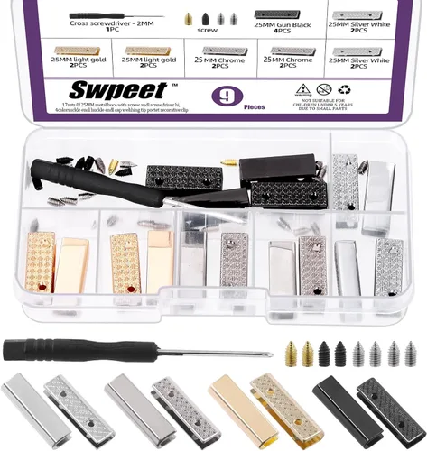Swpeet Hebillas decorativas de bolsa de metal de 4 colores con tornillos y destornilladores, puntas de extremo de hebilla de cinturón, clip de metal