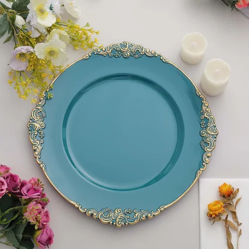 Miniatura 11 de Tableclothsfactory Paquete de 6 platos barrocos redondos de oro transparente de 13 pulgadas, borde en relieve de hojas para decoración de mesa
