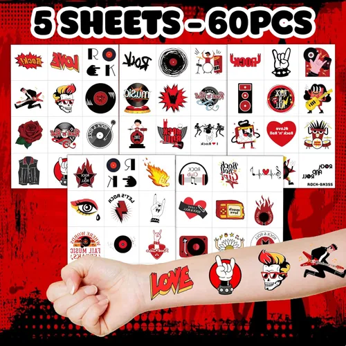 Miniatura 2 de Calcomanías de tatuajes temporales de rock para niños, niñas y adultos, 60 tatuajes temáticos de bandas musicales con guitarras, tambores, pernos