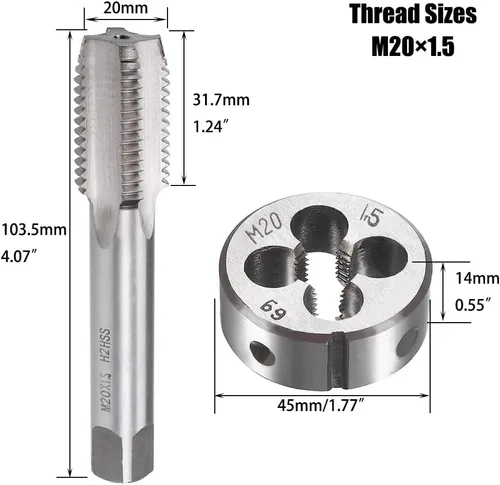 Miniatura 4 de M20 X 1.5 Métrico Grifo y Troquel Set M20 X 0.059 in HSS Recto Estriado Máquina Rosca Mano Derecha Tornillo Macho y Troquel de Roscado Redondo