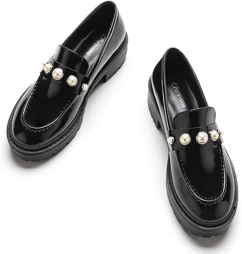 C.Paravano Mocasines gruesos para mujer cómodos mocasines de plataforma con suela de lengüeta en negro, estampado exquisito