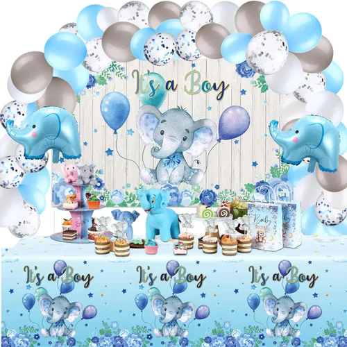 Decoraciones para baby shower, 121 piezas de suministros de fiesta de elefantes, incluyen telón de fondo, pancarta, globos, mantel y decoración de