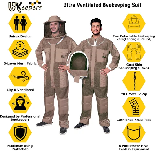 Miniatura 2 de Traje de abeja ultra ventilado de 3 capas para hombres y mujeres, traje de apicultura prémium con guantes de abeja y dos velos de apicultura Marrón
