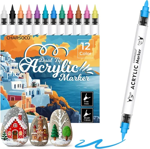 Marcadores de pintura acrílica, 12 colores de doble punta, marcadores a base de agua que no se corren con sistema de control automático de tinta,