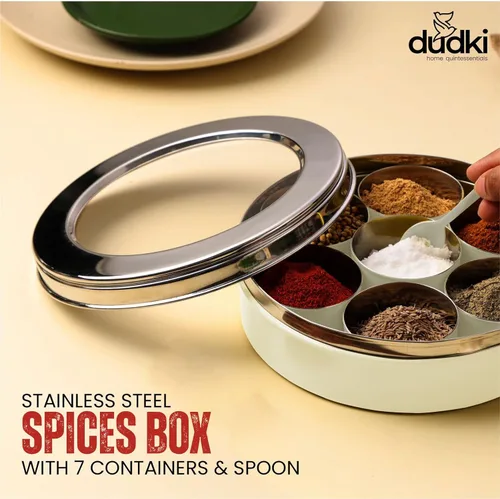 Miniatura 7 de DUDKI Homes - Caja Masala de acero inoxidable, caja de especias, Masala Dabba con organizador de cocina con tapa transparente con 7 recipientes