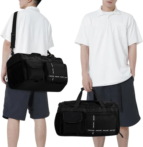 Miniatura 8 de MAXTOP Bolsa de gimnasio grande para hombres y mujeres con compartimento para zapatos, separación húmeda y seca, bolsa de lona negra para viajes
