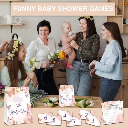Miniatura 4 de Find The Baby Food Party Games, juego de mariposa para baby shower (1 letrero de pie + 20 tarjetas de respuesta + 6 tarjetas de números), color rosa