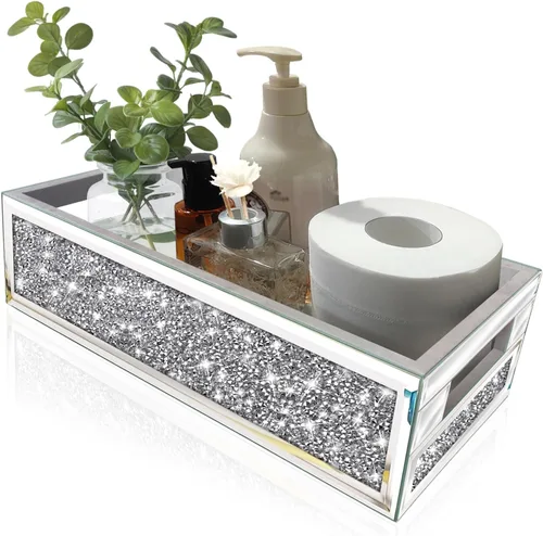 Wocred Cesta de baño para inodoro, bandeja de baño con espejo de diamante triturado montado en la pared, organizador de almacenamiento plateado que