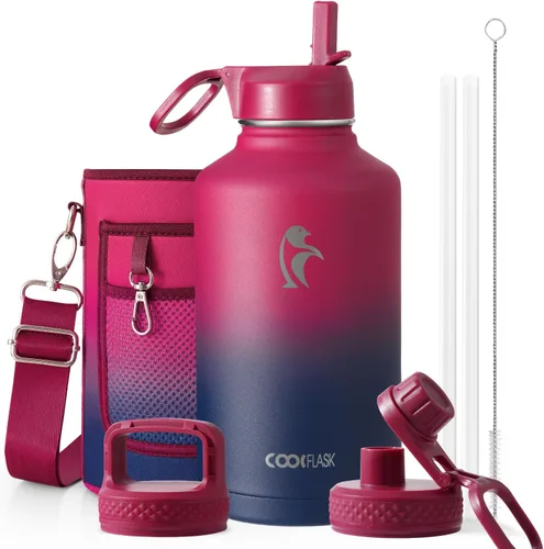 Miniatura 65 de Coolflask Botella de agua de 20 onzas aislada con pajilla, 3 tapas de metal de acero inoxidable, botella de agua de boca ancha para deportes u