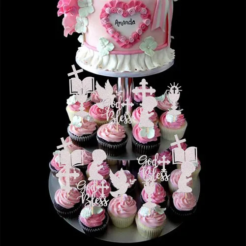 Miniatura 5 de 24 piezas de decoración para magdalenas con purpurina de paloma con brillantina, cáliz de la Biblia, para magdalenas, decoración de pasteles