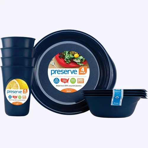Preserve Juego de vajilla reutilizable sin BPA para uso diario hecho de plástico reciclado: 4 platos, 4 cuencos, 4 tazas, azul medianoche
