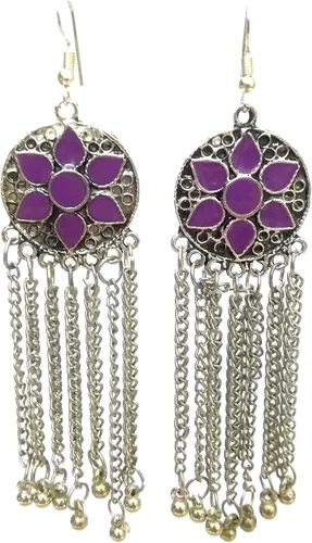 DESI HAWKER Pendiente oxidado de plata Bali Jhumki Jhumka Joyería Bollywood gota cuelgan largo NI-128, Metal