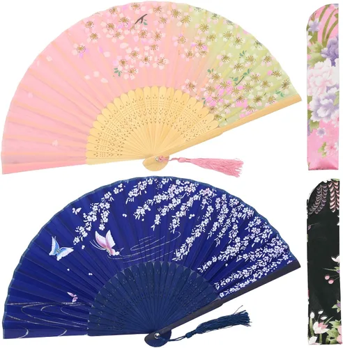 OMyTea Abanicos de mano plegables para mujer, abanicos chinos japoneses de seda de bambú vintage, para sofocos, EDM, festival de música, fiesta,