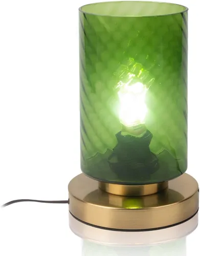 Lámpara de mesa pequeña de mediados de siglo, lámpara de escritorio de cristal verde, lámpara de escritorio larga cilíndrica con forma de vidrio de